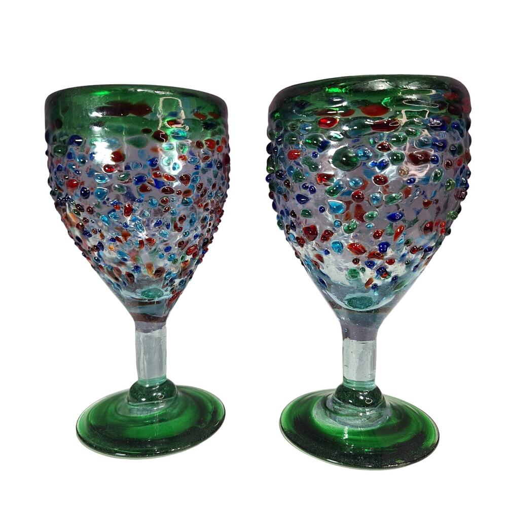 Hand-blown thick confetti glass wayer goblets set of 2 green blue speckled